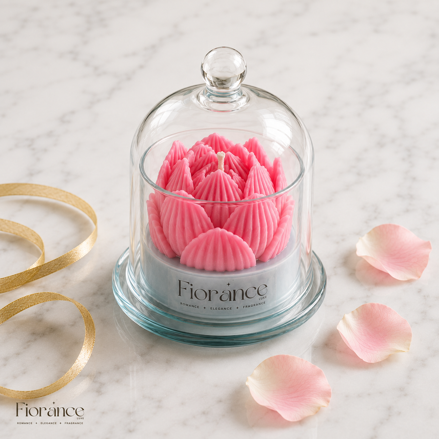 Fiorance Luxe bell jar lotus candle detail – handmade soy wax candle with sculpted pink lotus flower on branded base plate
