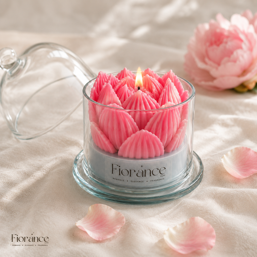 Bell jar lotus soy wax candle with glass dome by Fiorance Luxe – luxury Indian handcrafted candle for Diwali and wedding gifting