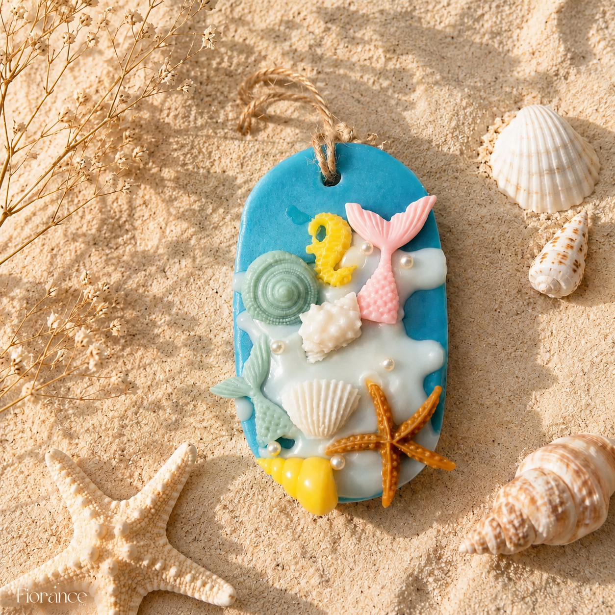 Fiorance Luxe Mermaid Ocean wax sachet styled on warm beige sand with real seashells, starfish and dried baby’s breath.