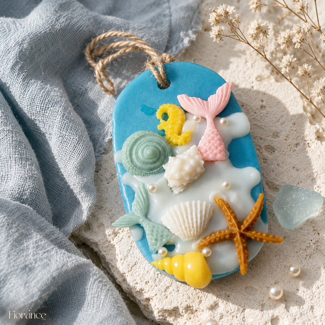 Mermaid Ocean soy wax sachet on textured cream stone with blue-grey linen, scattered pearls and pale sea glass.