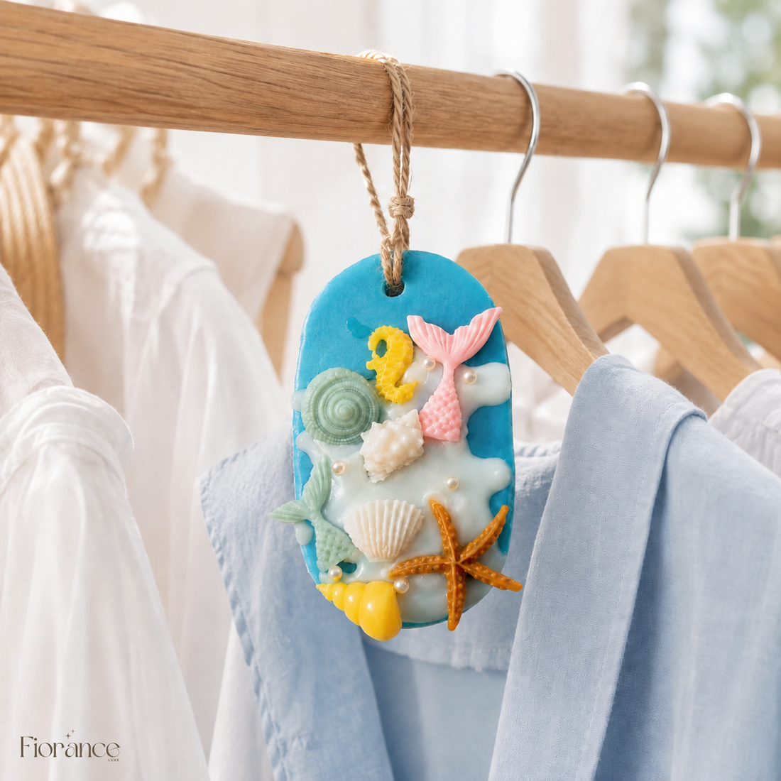 Mermaid Ocean scented wax sachet hanging in a bright wardrobe with soft white and light blue summer clothing in the background.