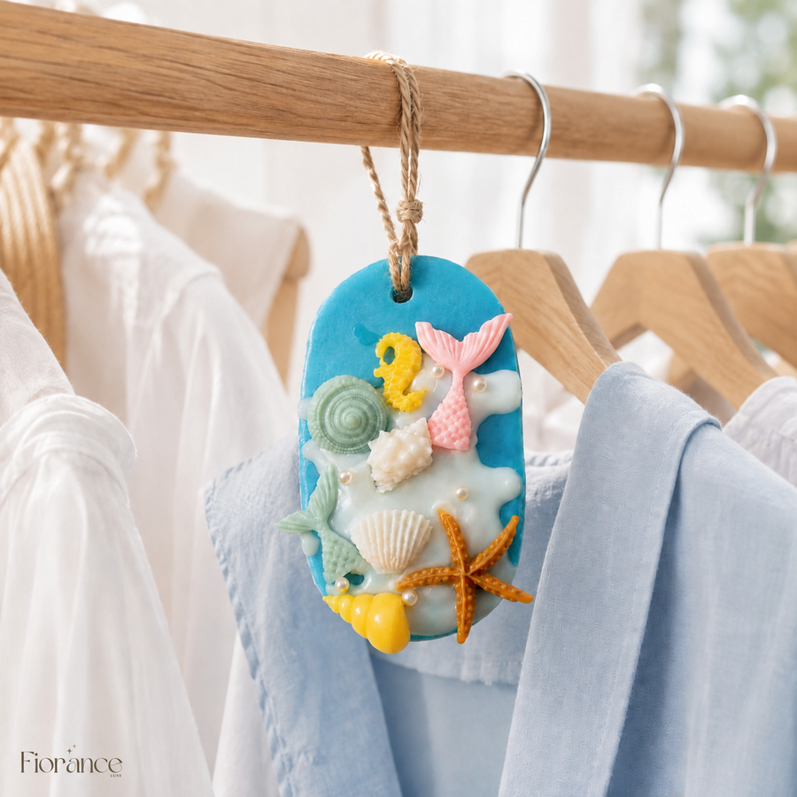 Mermaid Ocean scented wax sachet hanging in a bright wardrobe with soft white and light blue summer clothing in the background.
