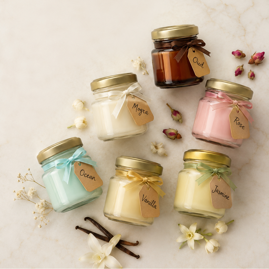 Fiorance Luxe scented candle trial pack – set of 6 mini jar soy wax candles in different fragrances for sampling