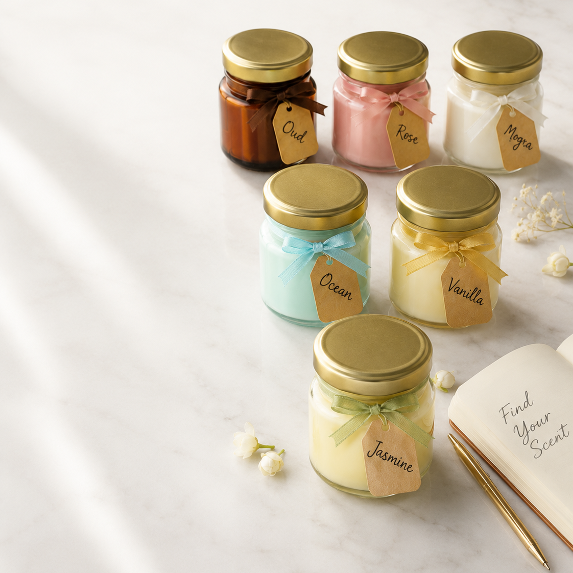 Fiorance Luxe 6-fragrance trial candle pack – handpoured mini jar soy wax candles set for beginners and gifting