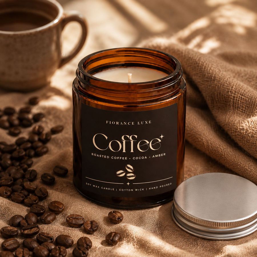 An amber glass jar candle labeled 'Fiorance Luxe Coffee' sits on a beige fabric surface with scattered coffee beans, a ceramic mug in the background, and the silver metal lid placed beside the jar.