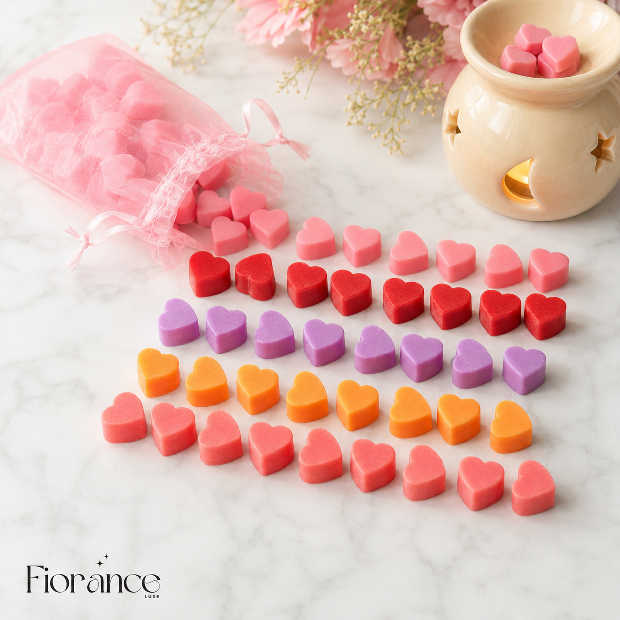 Fiorance Luxe heart wax melts in pink organza potli – scented soy wax chunks for oil burner and Diwali gifting