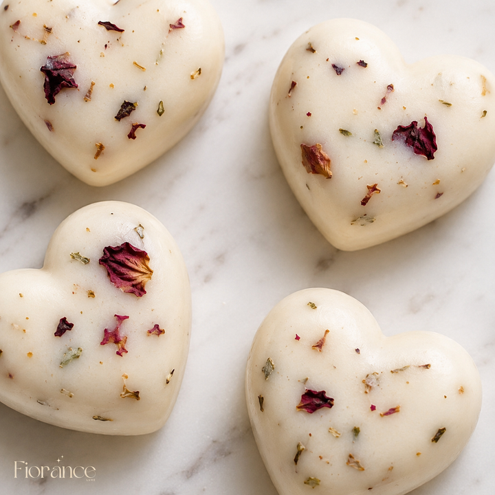 Fiorance Luxe botanical heart wax melts 100gm in organza potli – large puffy heart soy wax melts with real dried rose petals