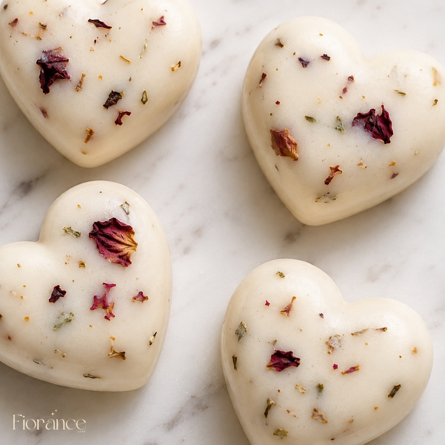 Fiorance Luxe botanical heart wax melts 100gm in organza potli – large puffy heart soy wax melts with real dried rose petals