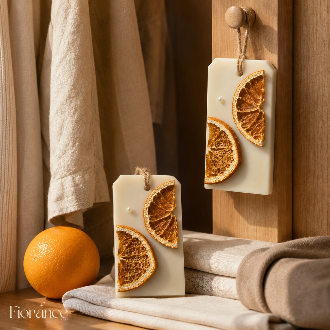 Citrus wax sachet with real dried orange slices by Fiorance Luxe – unique scented soy wax sachet for housewarming gifting