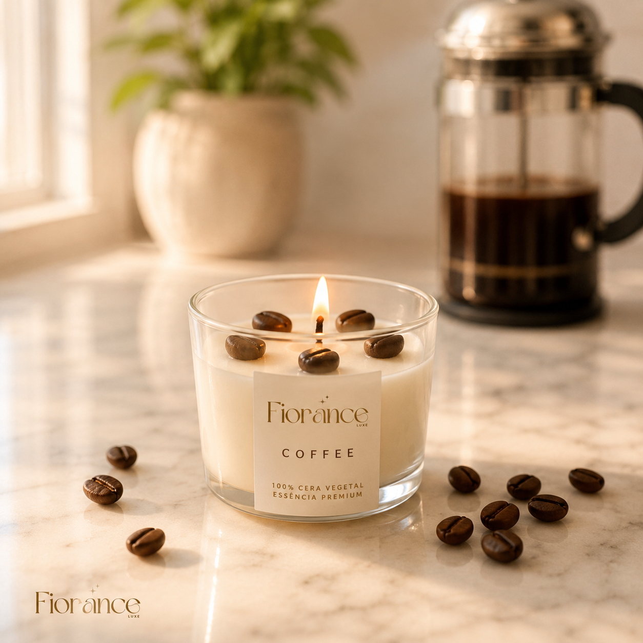 Fiorance Luxe murphy coffee bean candle – espresso coffee beans topped soy wax candle in short wide clear glass jar