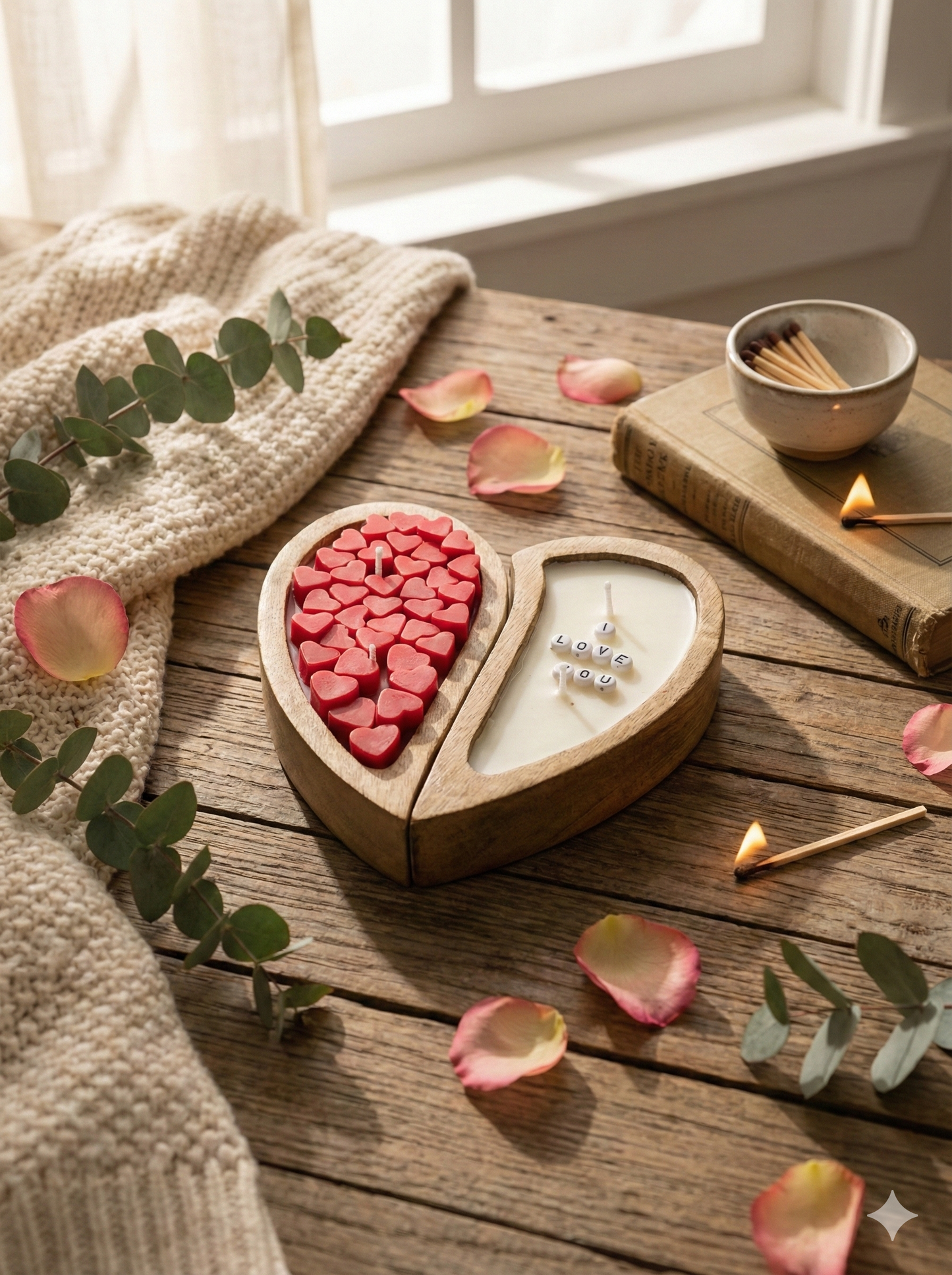 Heart-shaped jewelry box with red hearts and silver earrings on a wooden surface with rose petals and a candle.