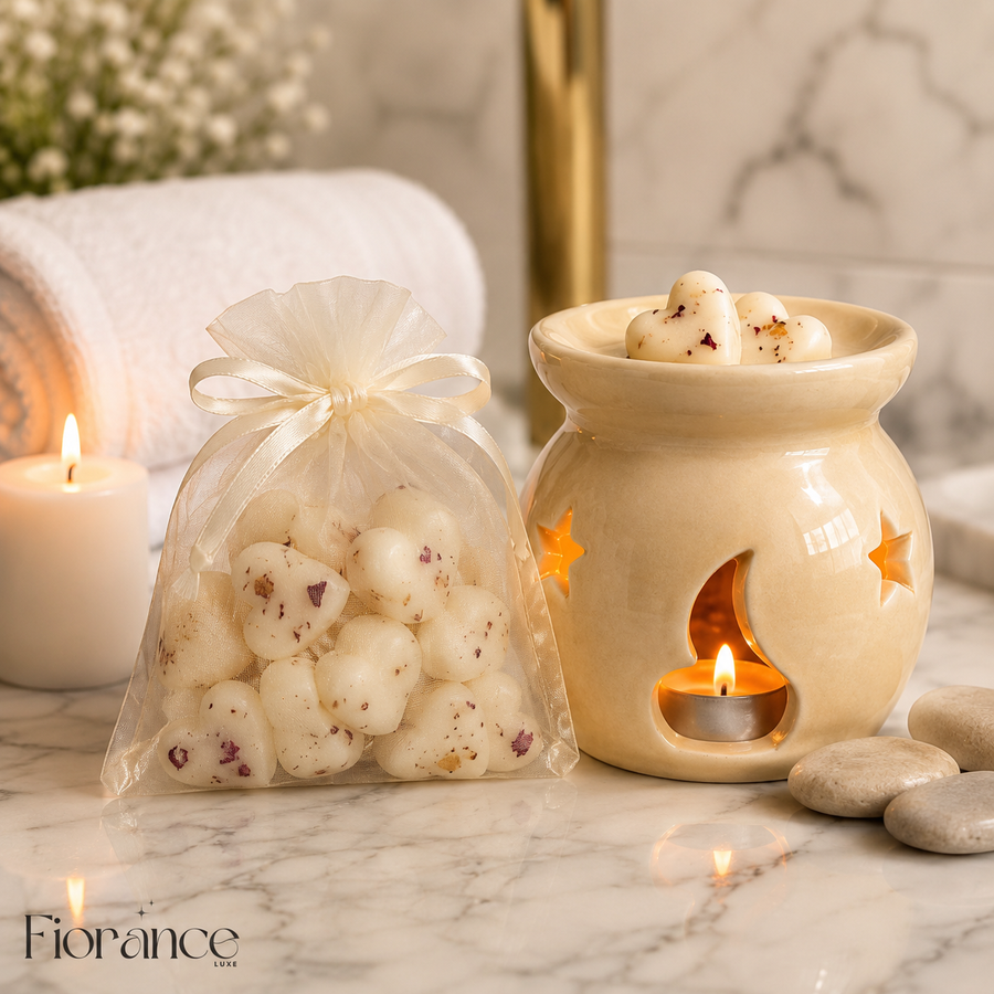 Fiorance Luxe botanical heart wax melts coral pink – premium soy wax melts with real dried flowers in organza potli