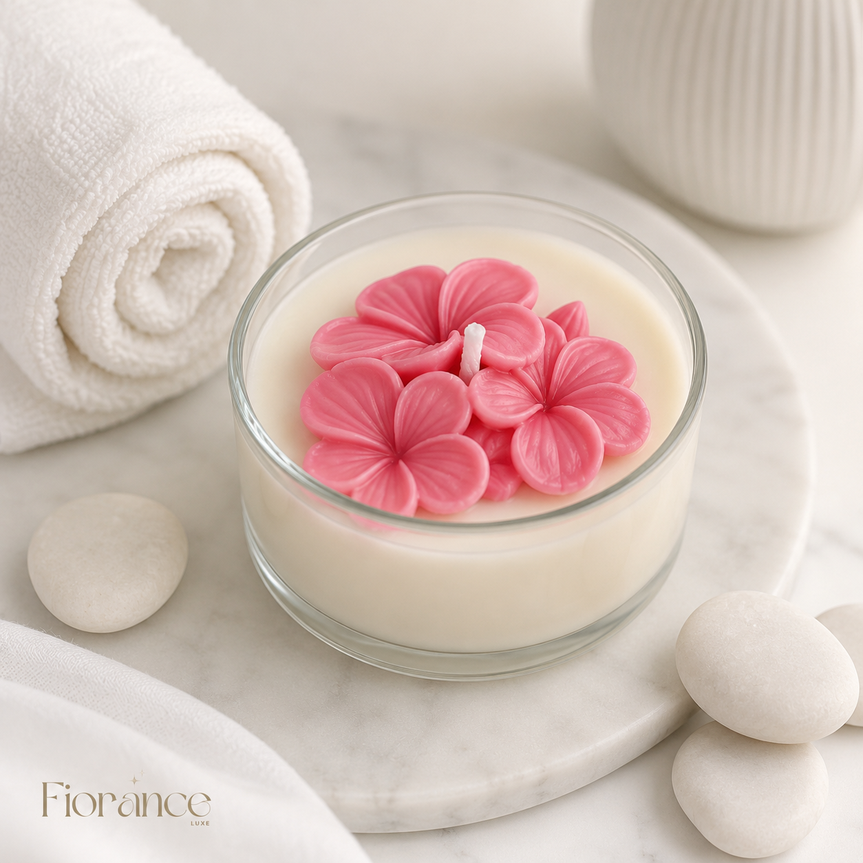 Fiorance Luxe plumeria scented candle in murphy jar – handcrafted blue ocean breeze 3D frangipani soy wax candle