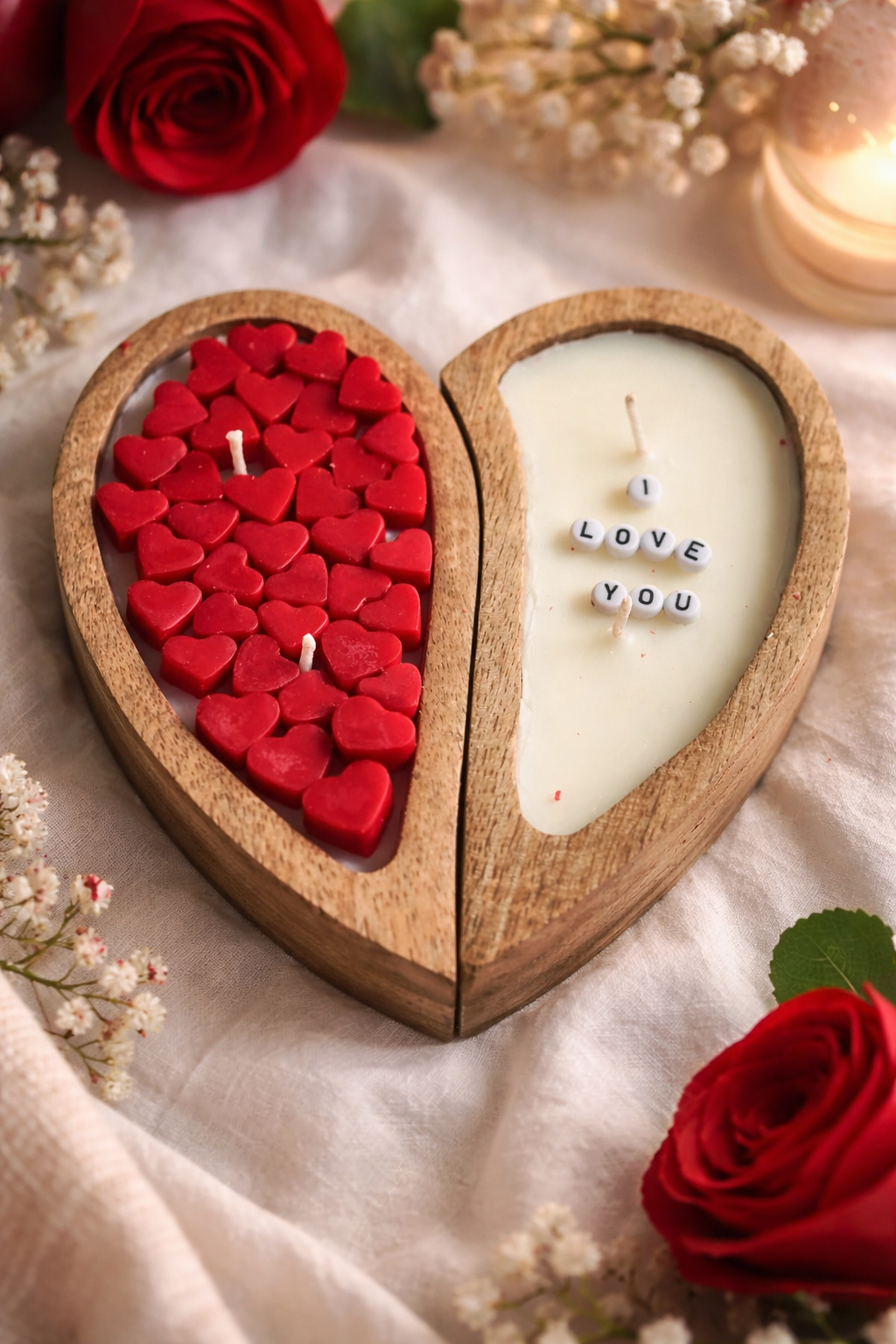 Heart-shaped candle holder with red heart-shaped candles and a white candle with 'I LOVE YOU' letters, surrounded by roses and flowers.