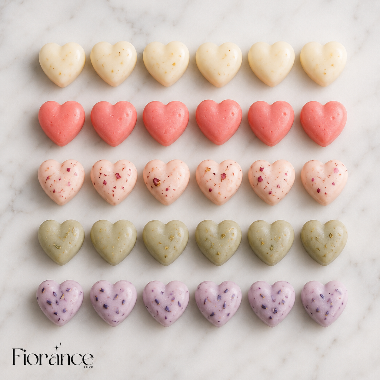 Botanical heart shaped wax melt set by Fiorance Luxe – luxury soy wax melts with dried botanicals for gifting and wax warmer