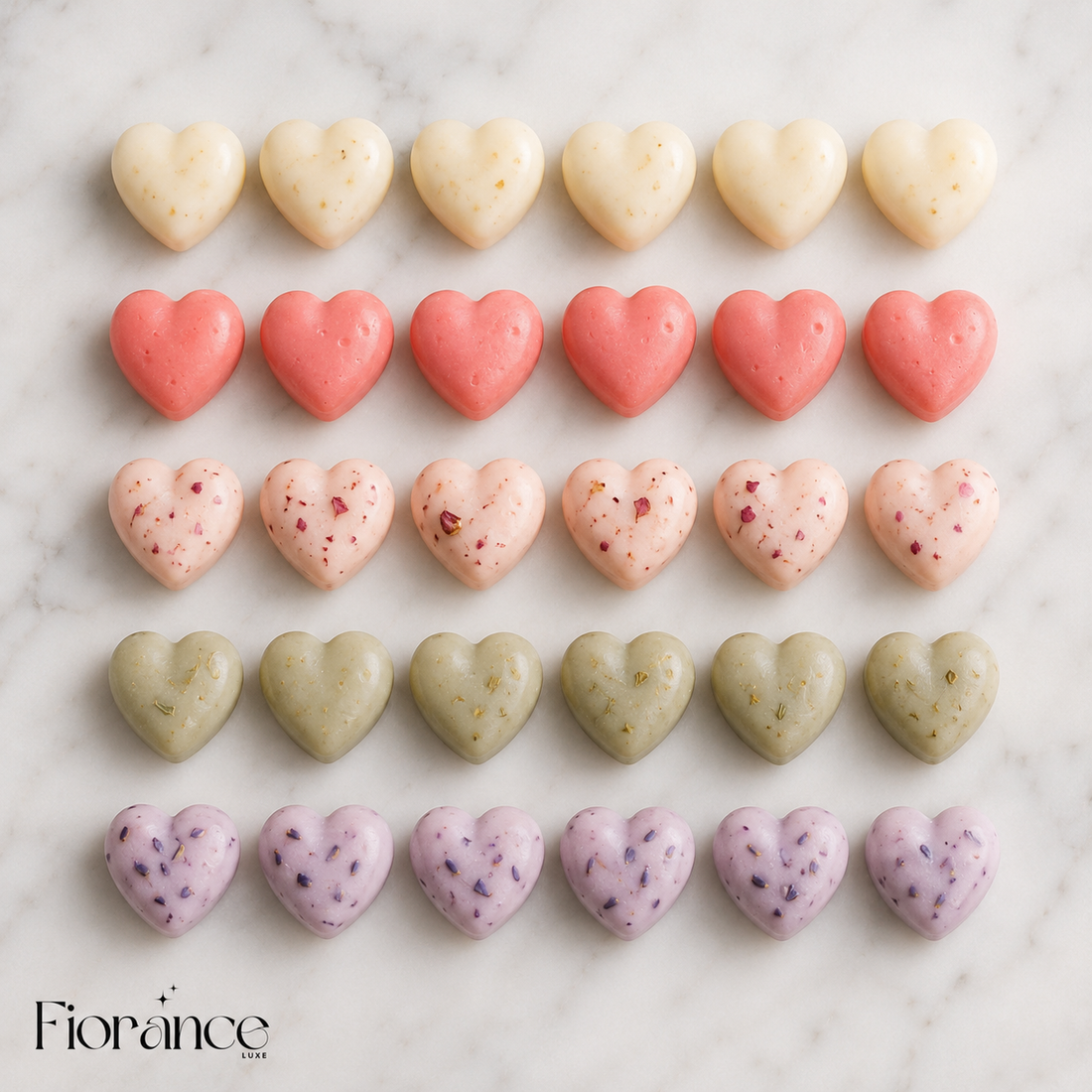 Botanical heart shaped wax melt set by Fiorance Luxe – luxury soy wax melts with dried botanicals for gifting and wax warmer