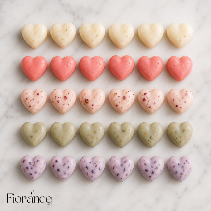 Botanical heart shaped wax melt set by Fiorance Luxe – luxury soy wax melts with dried botanicals for gifting and wax warmer