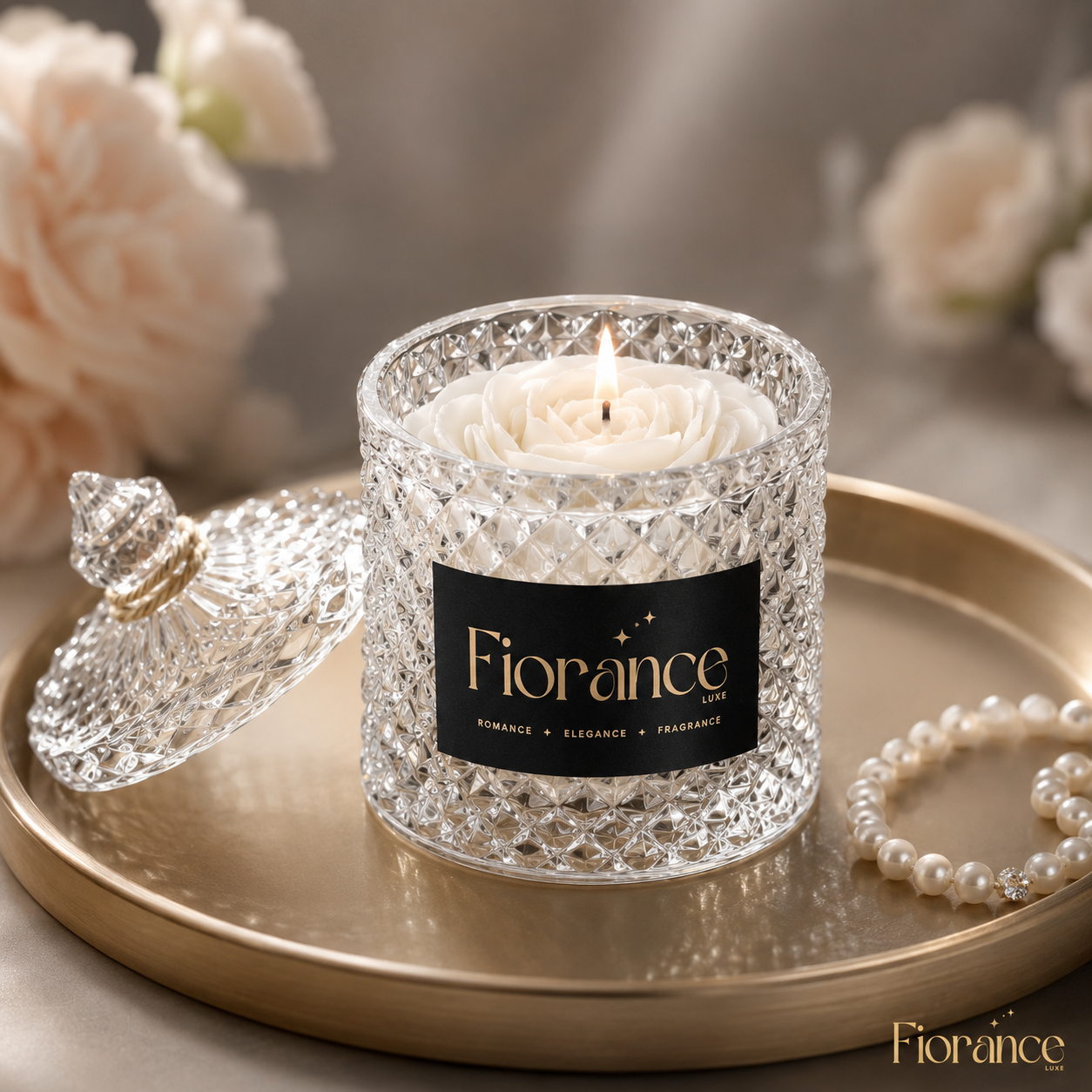 Fiorance candle in a decorative glass holder on a tray with flowers and pearls in the background