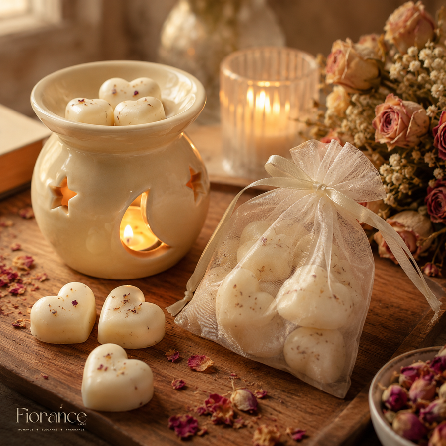 Fiorance Luxe botanical soy wax melts in organza potli – dried rose petal embedded heart shaped wax melts for home fragrance
