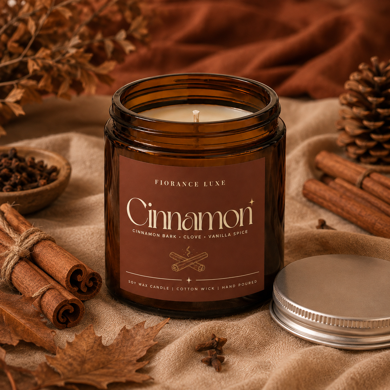 An amber glass jar candle labeled 'Cinnamon' by Fiorance Luxe, styled on beige fabric with cinnamon sticks, dried leaves, a pinecone, and an open silver lid beside it.