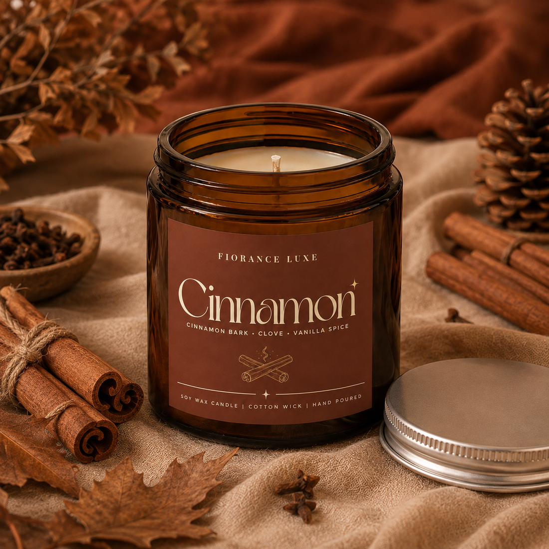 An amber glass jar candle labeled 'Cinnamon' by Fiorance Luxe, styled on beige fabric with cinnamon sticks, dried leaves, a pinecone, and an open silver lid beside it.