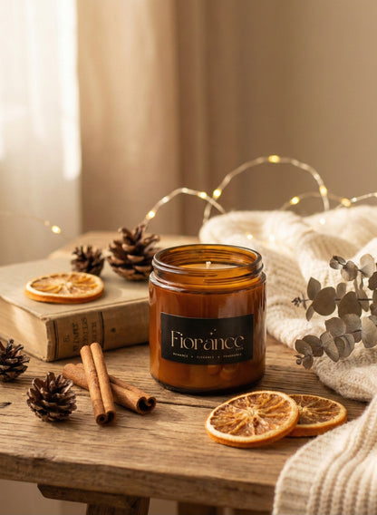 Fiorance Luxe soy wax scented candle in amber jar on wooden table with dried oranges, pinecones, and cozy decor