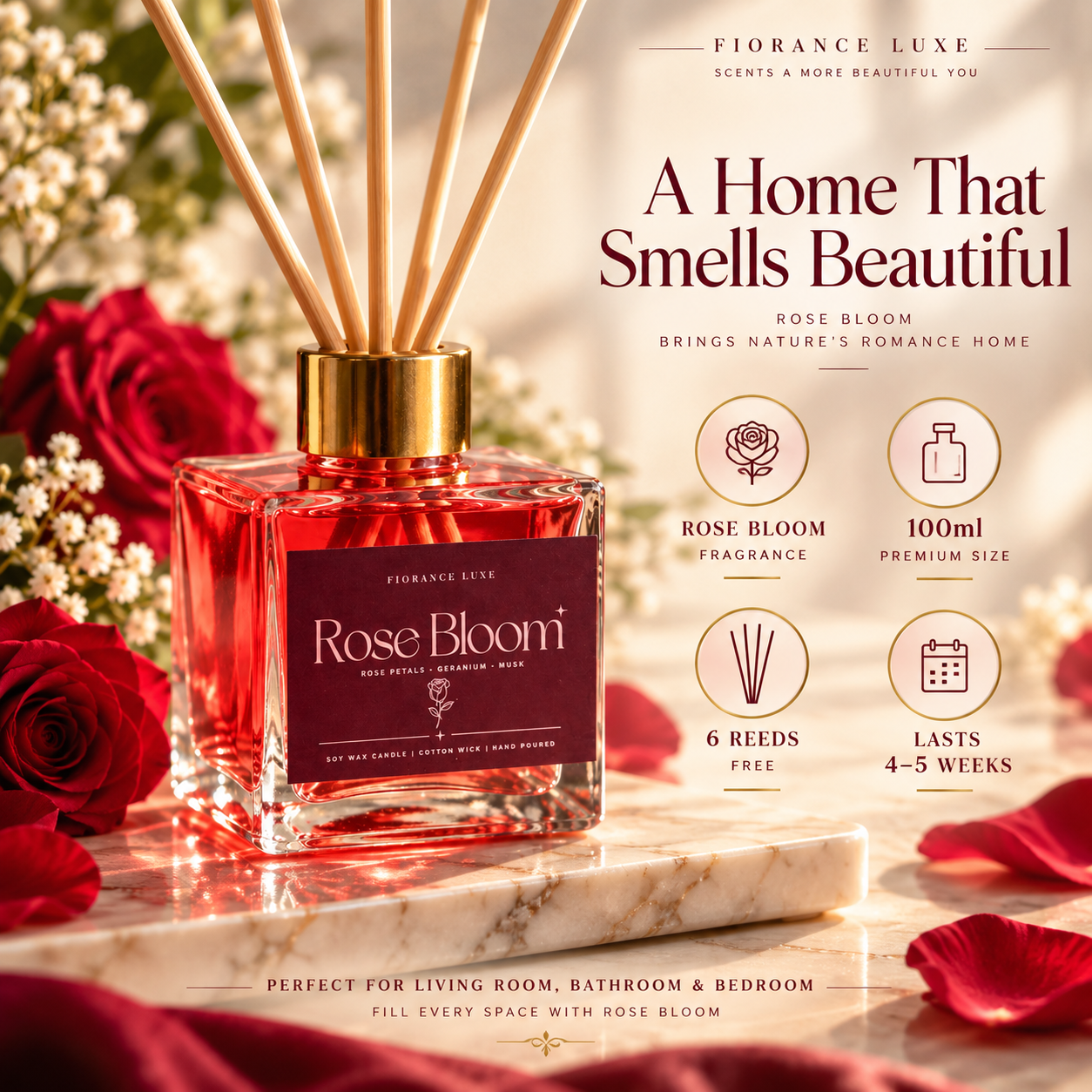 Rose Bloom Reed Diffuser – 100 ml | 6 Reeds