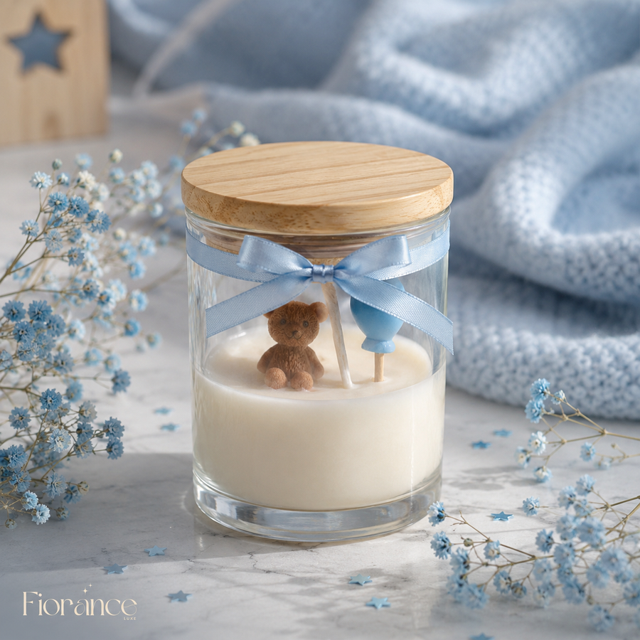 Blue balloon teddy bear candle by Fiorance Luxe – baby shower soy wax jar candle set of 2 for gender reveal gifting