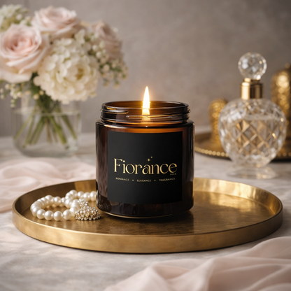 Fiorance Luxe soy wax candle on gold tray with pearls and flowers, luxury home decor.