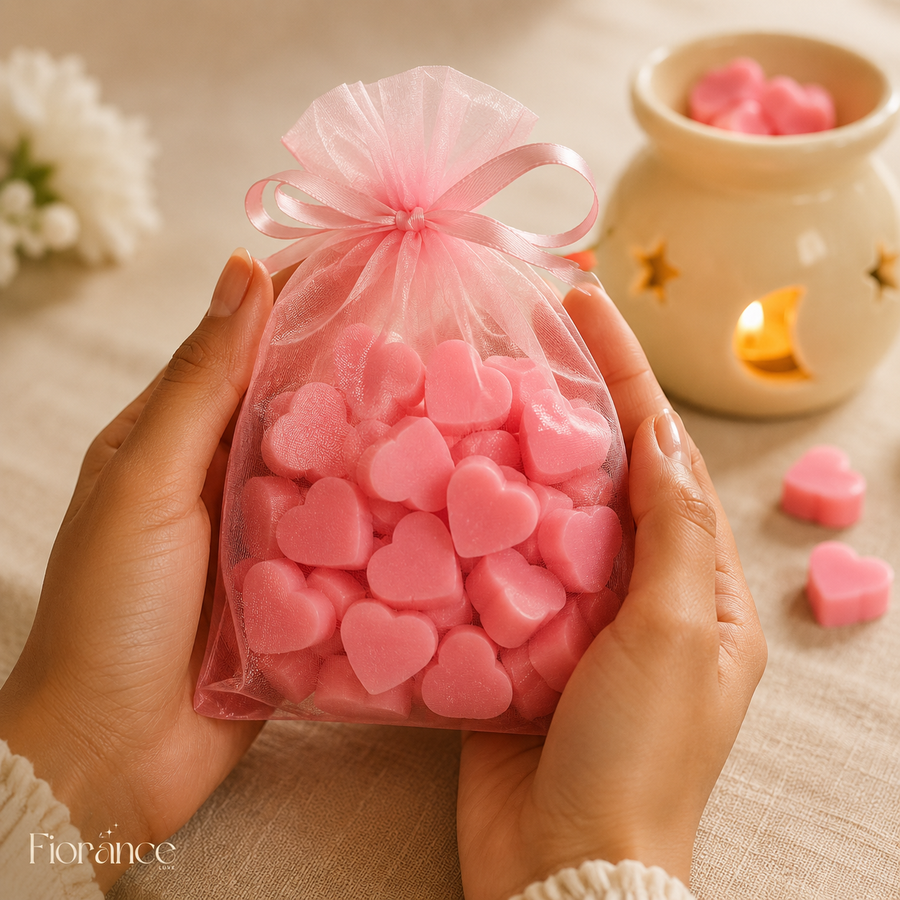 Heart shaped soy wax melts in organza bag by Fiorance Luxe – 100gm multicolour wax melts for home fragrance
