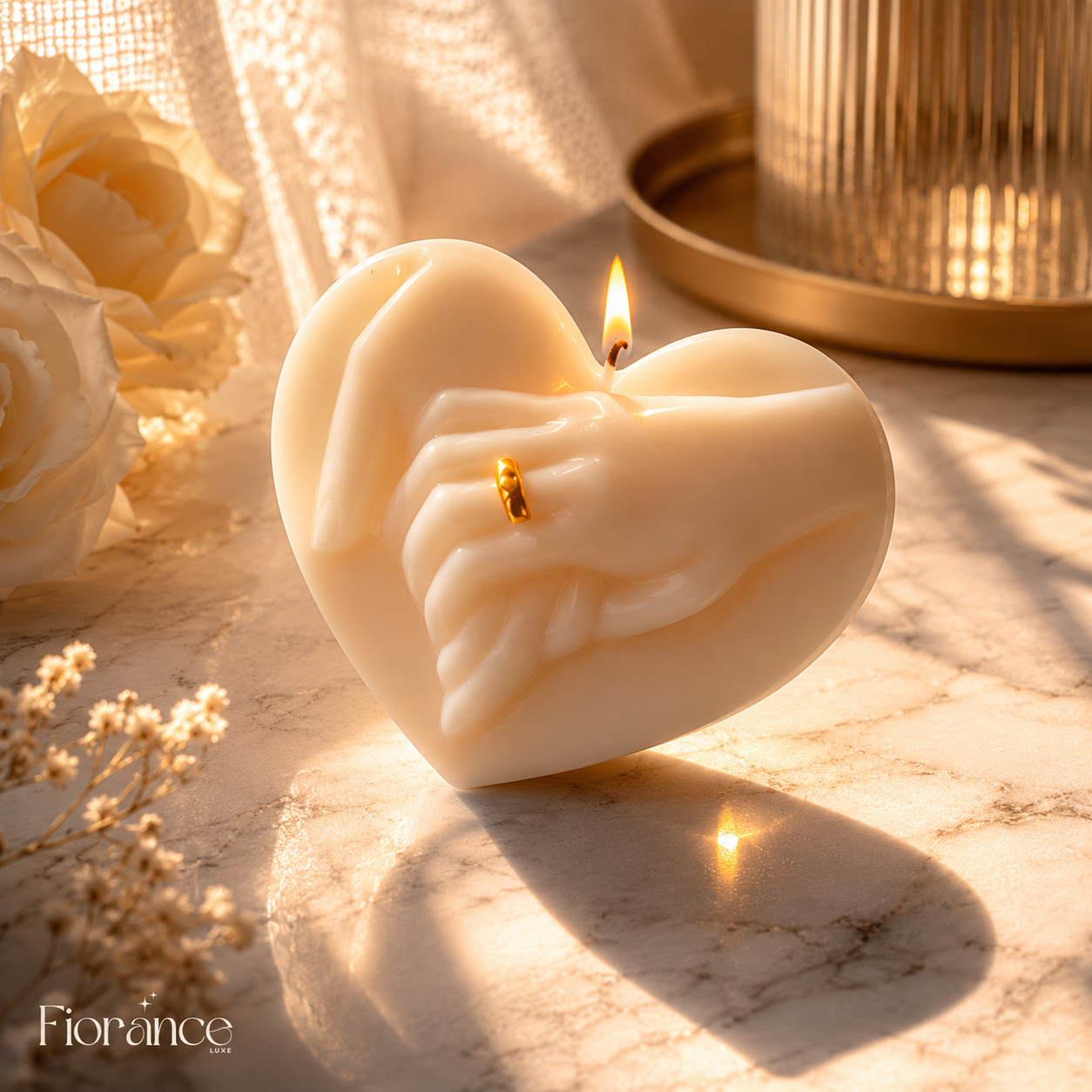 Hand in Hand Candle | 3D Clasped Hands & Gold Ring - Set of 2