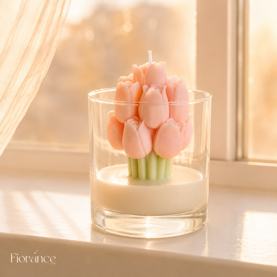 Ivory coral tulip jar candle set by Fiorance Luxe – 250ml hand-sculpted tulip bouquet soy wax candle for gifting