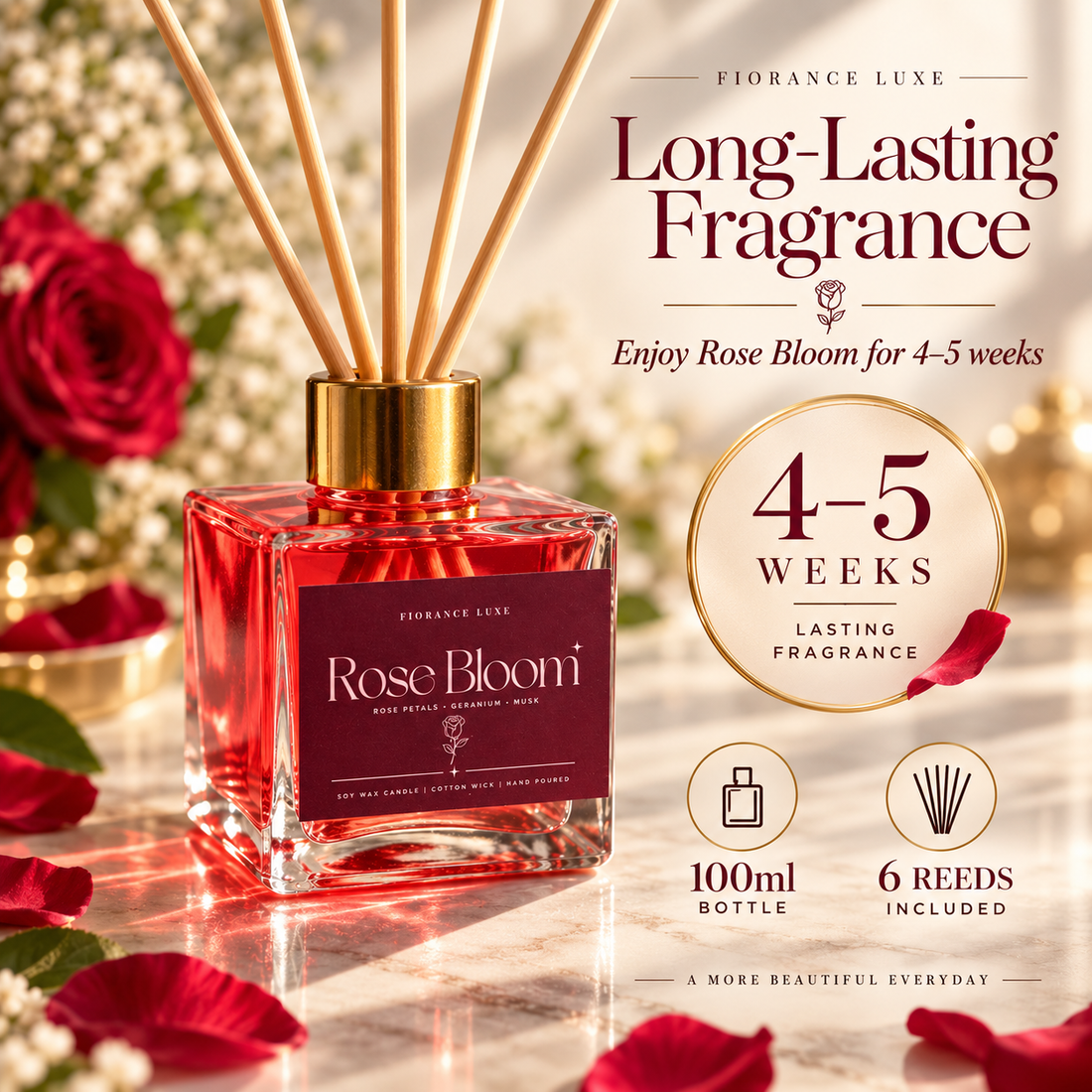 Rose Bloom Reed Diffuser – 100 ml | 6 Reeds