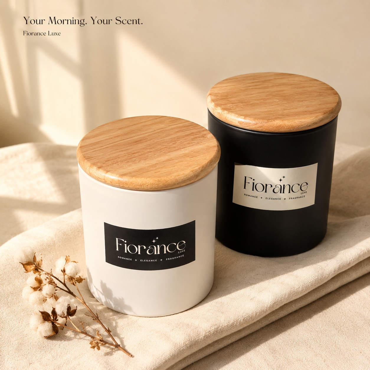 Ceramic duo jar scented candle by Fiorance Luxe – 250ml matte ceramic soy wax candle set with wooden lid for home decor