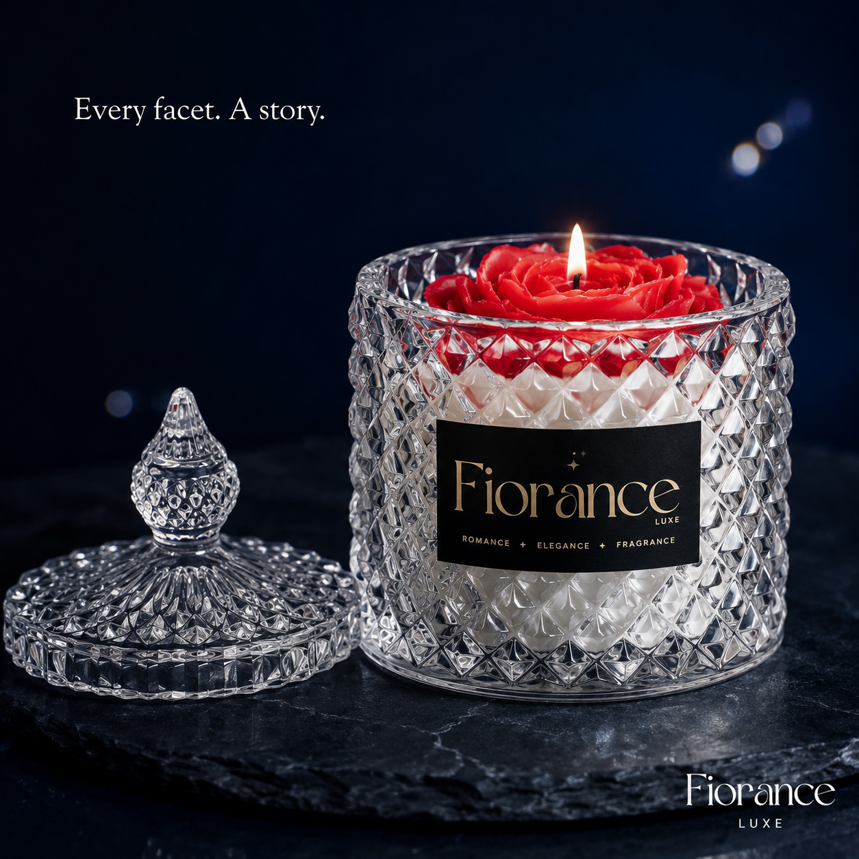 Fiorance Luxe candle with a red rose inside on a dark background