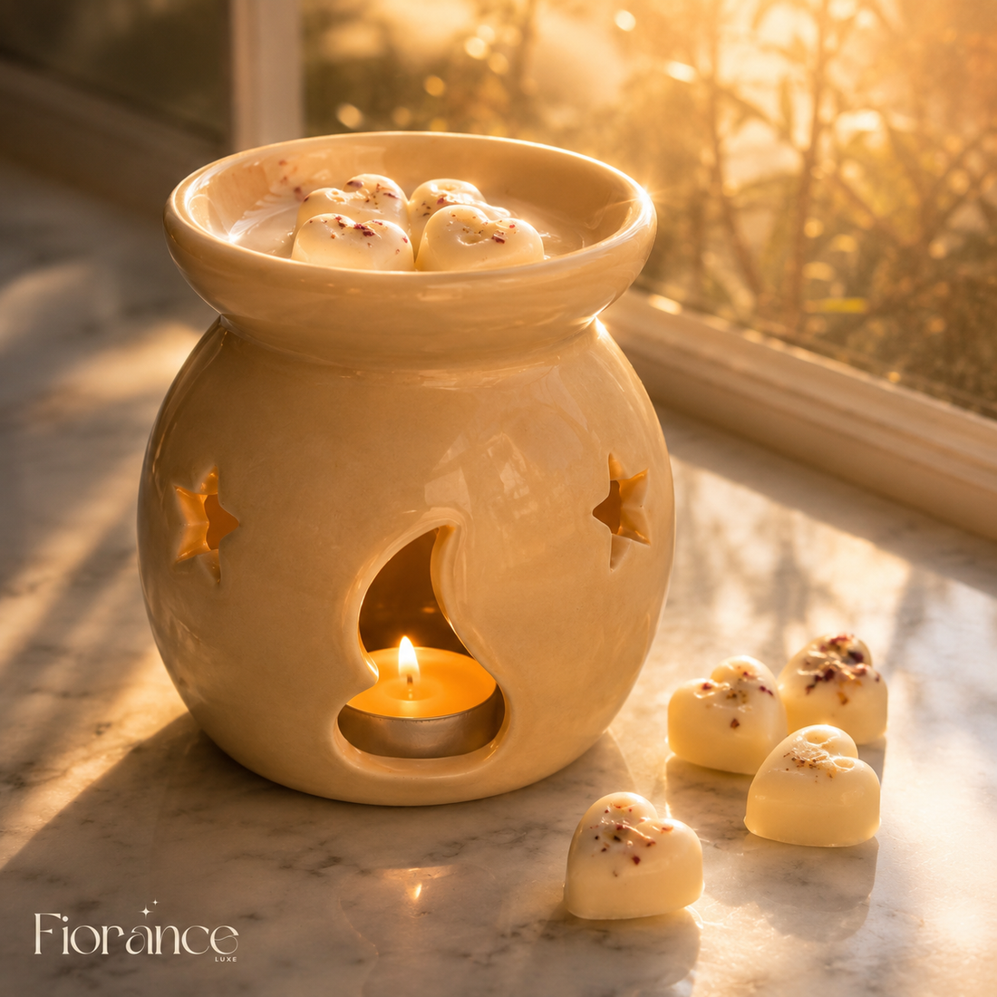 Cream ivory botanical heart wax melts by Fiorance Luxe – 100gm artisan soy wax melts with pressed botanicals for wax warmer