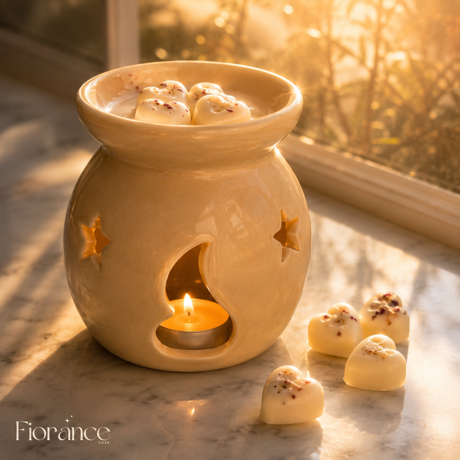 Cream ivory botanical heart wax melts by Fiorance Luxe – 100gm artisan soy wax melts with pressed botanicals for wax warmer