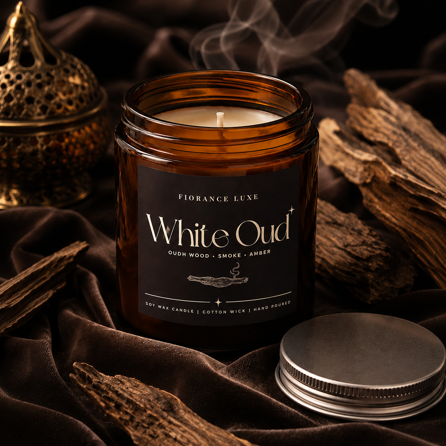 An amber glass jar candle labeled 'Fiorance Luxe White Oud' sits on draped dark brown fabric with wood pieces and a metal tin lid around it. A brass incense burner and smoke are visible in the background, creating a moody, rustic product presentation.