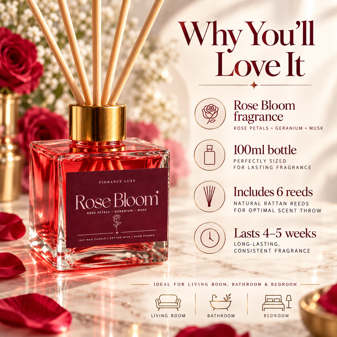 Rose Bloom Reed Diffuser – 100 ml | 6 Reeds