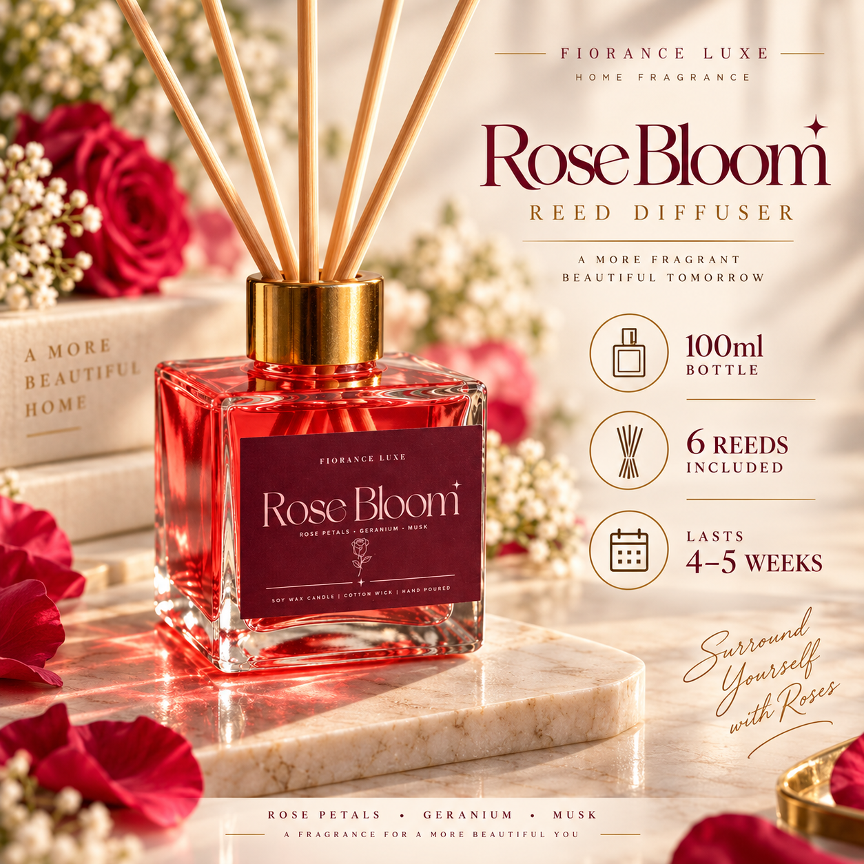 Rose Bloom Reed Diffuser – 100 ml | 6 Reeds