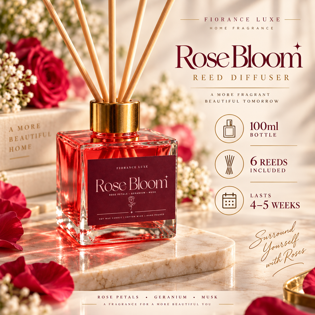 Rose Bloom Reed Diffuser – 100 ml | 6 Reeds