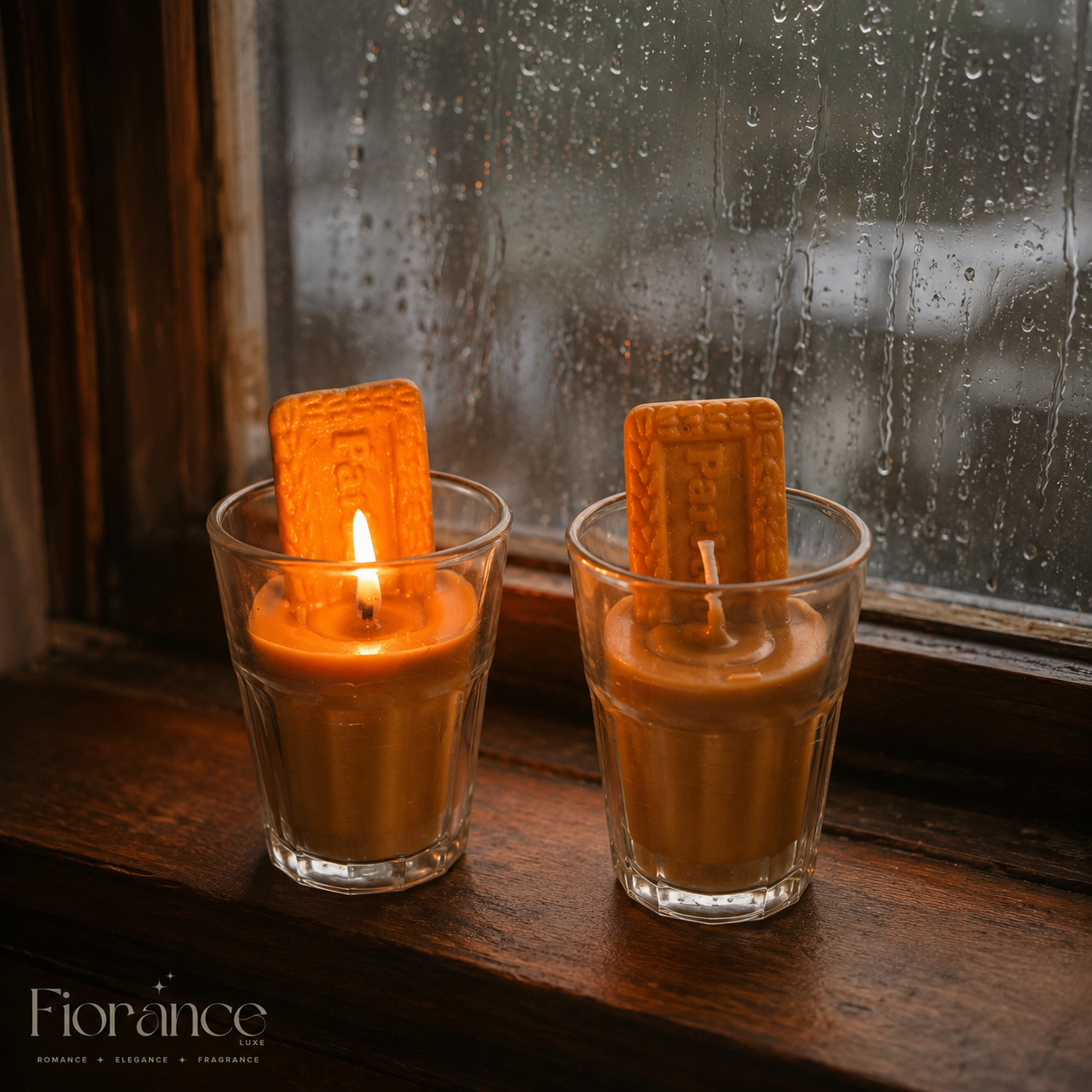 Chai candle with Parle-G biscuit by Fiorance Luxe – gold amber soy wax candle in faceted glass for chai lovers