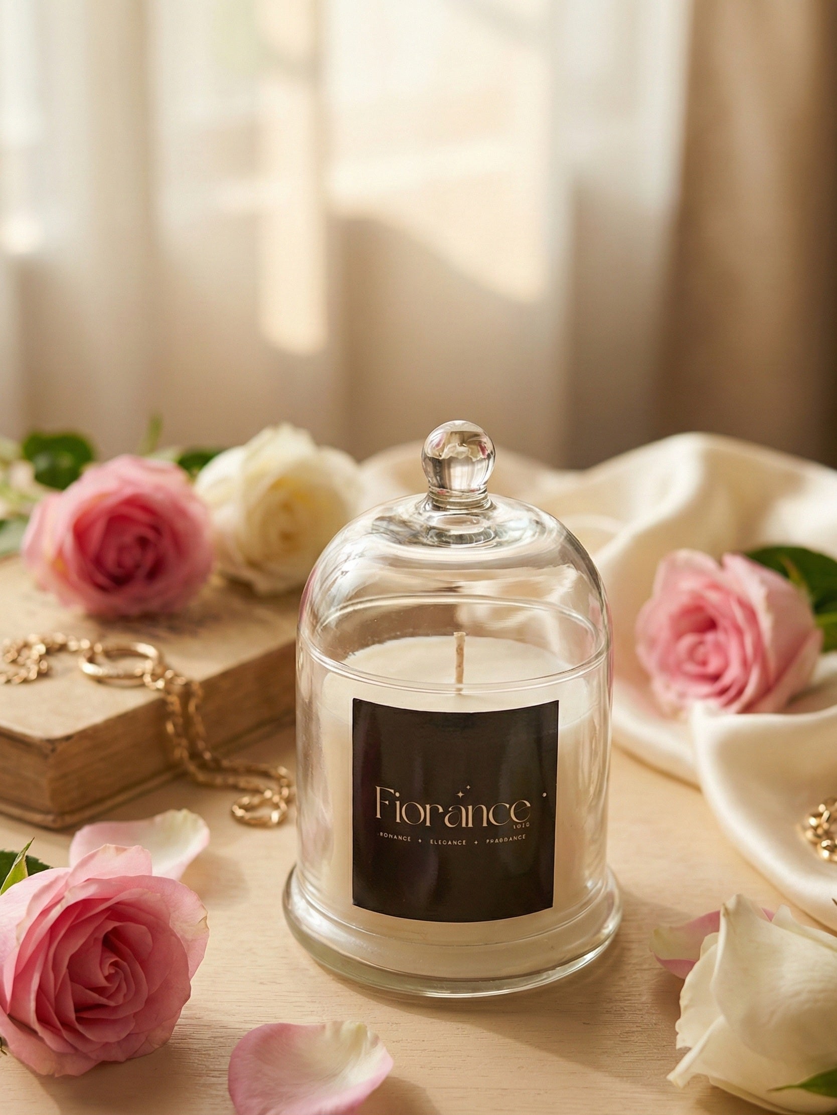Fiorance Luxe soy wax candle in glass jar with pink and white roses, elegant home decor setting