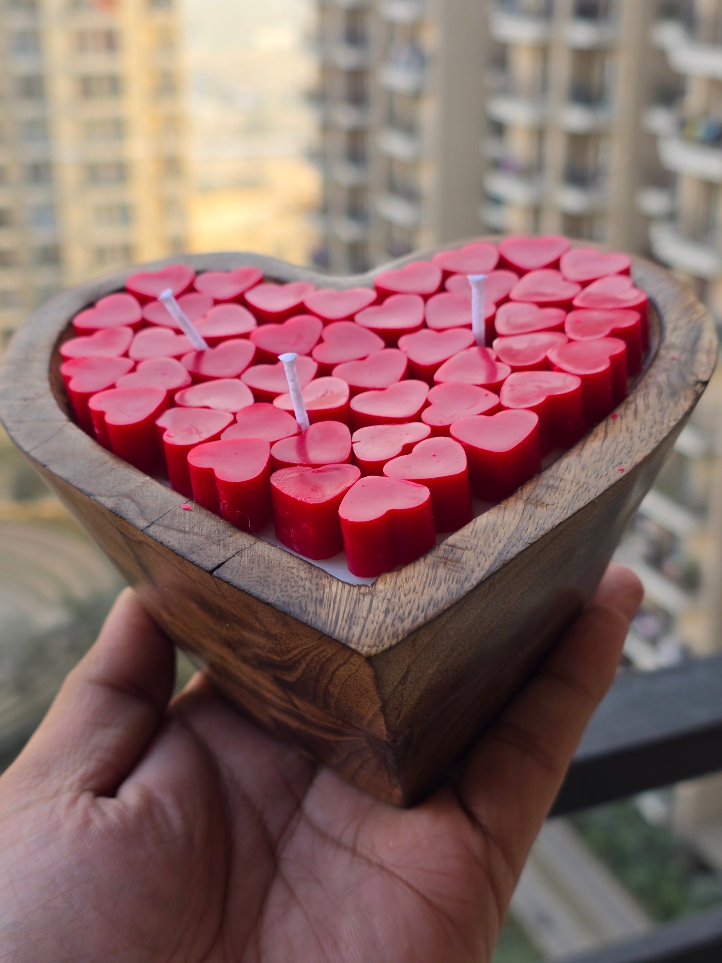 Rustic Heart Wooden Bowl Candle - 6 Inch Multi-Wick