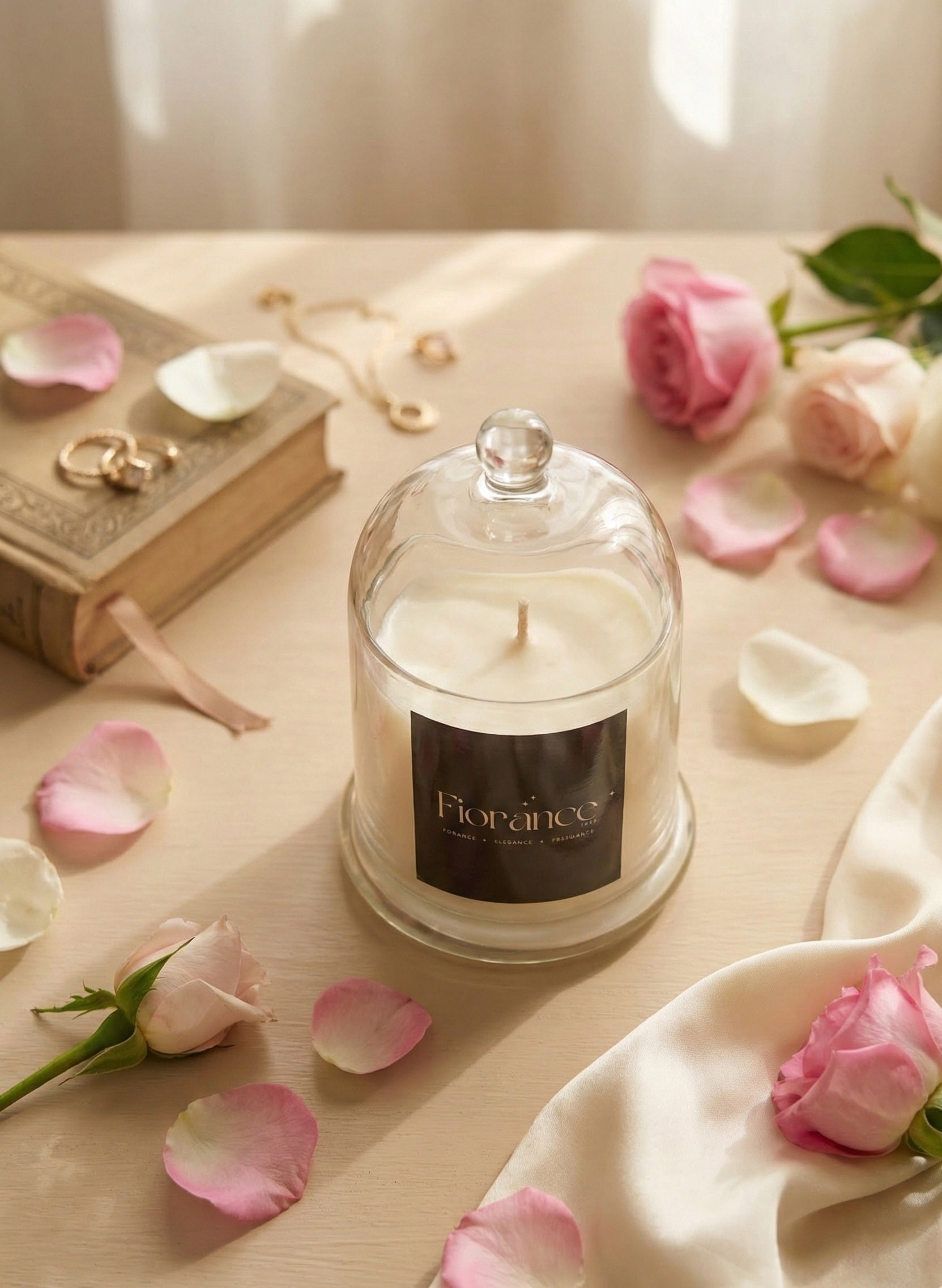 Fiorance Luxe soy wax candle in glass cloche on table with pink roses, petals, book, and jewelry
