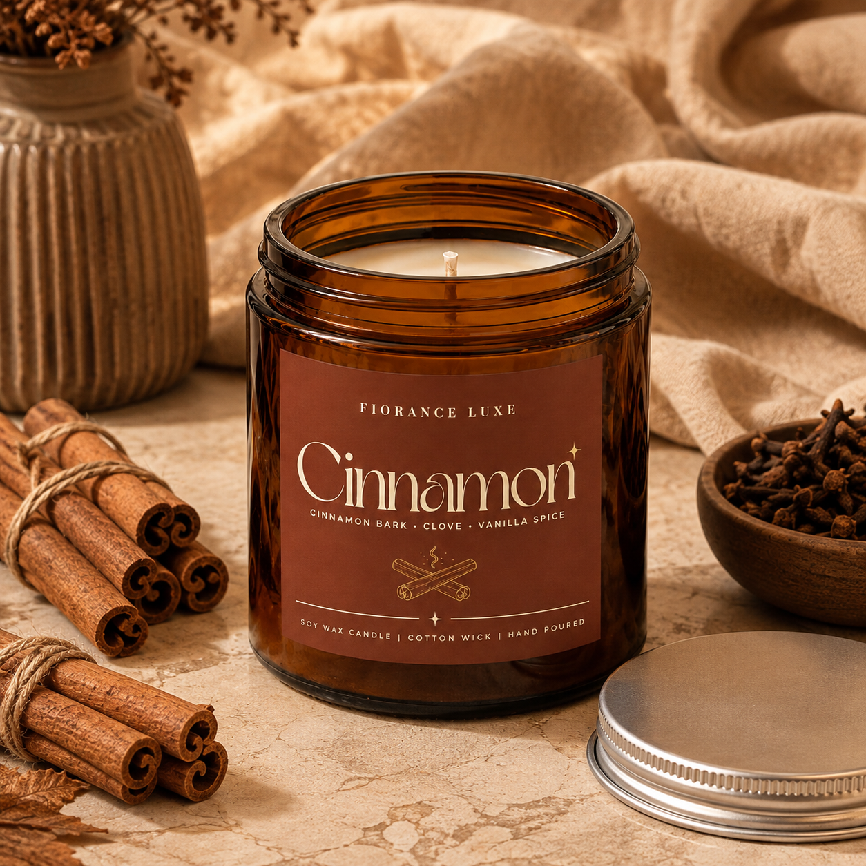 An amber glass jar candle labeled 'Cinnamon' by Fiorance Luxe, styled on a beige surface with cinnamon sticks, a small bowl of cloves, and draped fabric in the background.