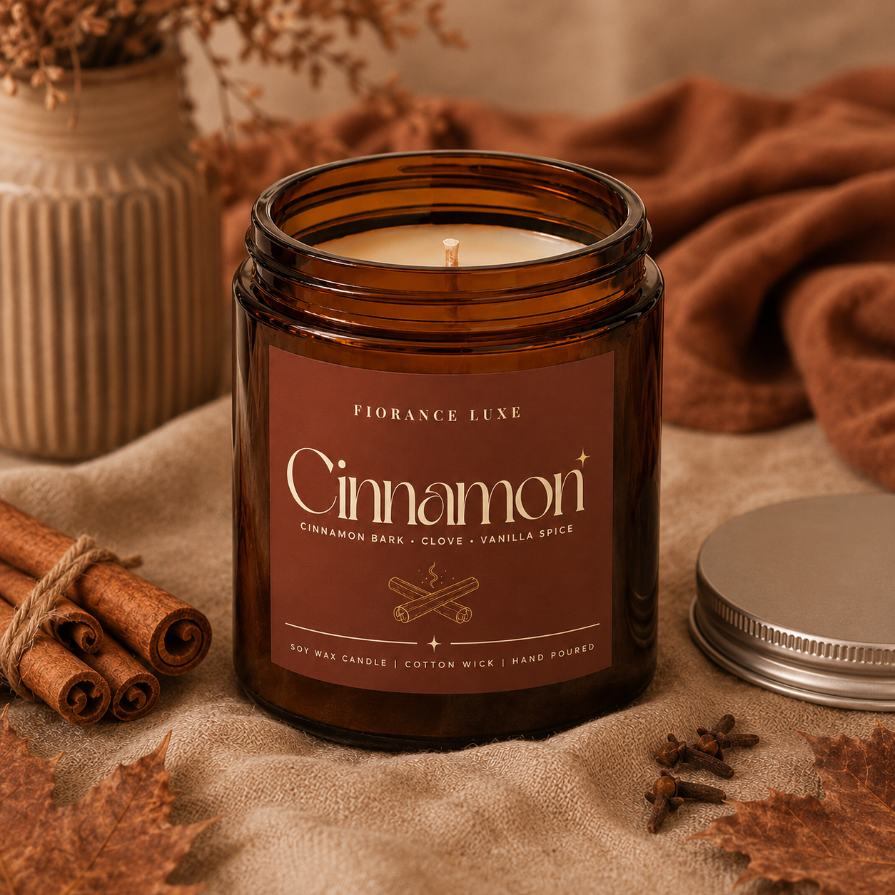 An amber glass jar candle labeled 'Cinnamon' by FIORANCE LUXE, styled on a beige fabric surface with cinnamon sticks, dried leaves, a metal lid, and a warm brown cloth in the background.