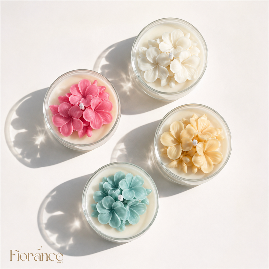 Fiorance Luxe plumeria murphy jar candle – 3D white frangipani flower soy wax candle in short wide clear glass jar