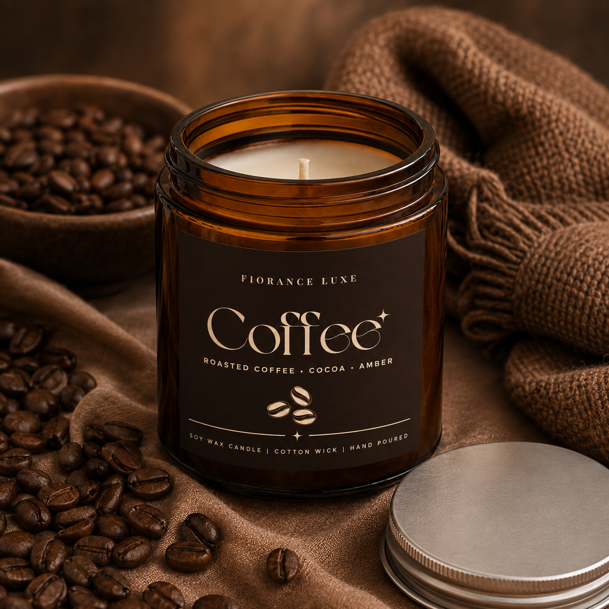 Amber glass jar candle labeled 'Coffee' by FIORANCE LUXE, styled with coffee beans, a burlap cloth, and a silver lid on a warm brown background.