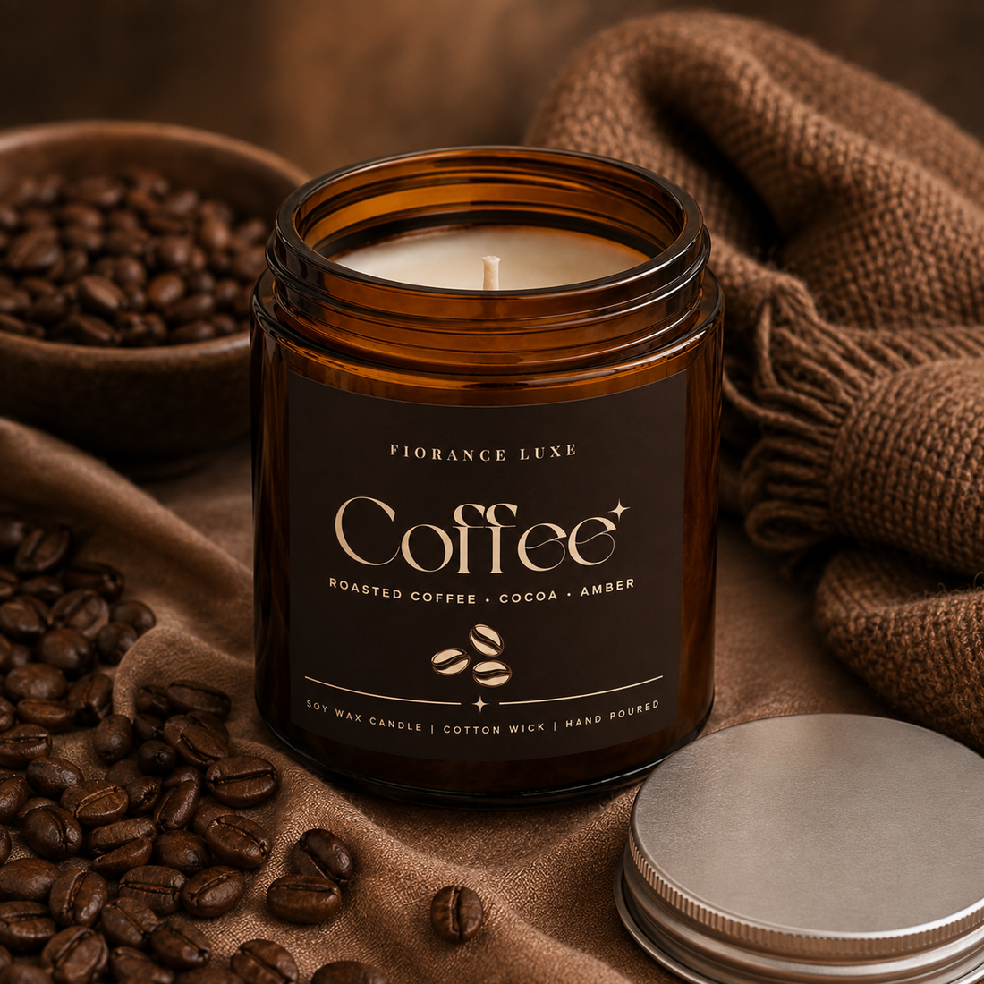 Amber glass jar candle labeled 'Coffee' by FIORANCE LUXE, styled with coffee beans, a burlap cloth, and a silver lid on a warm brown background.